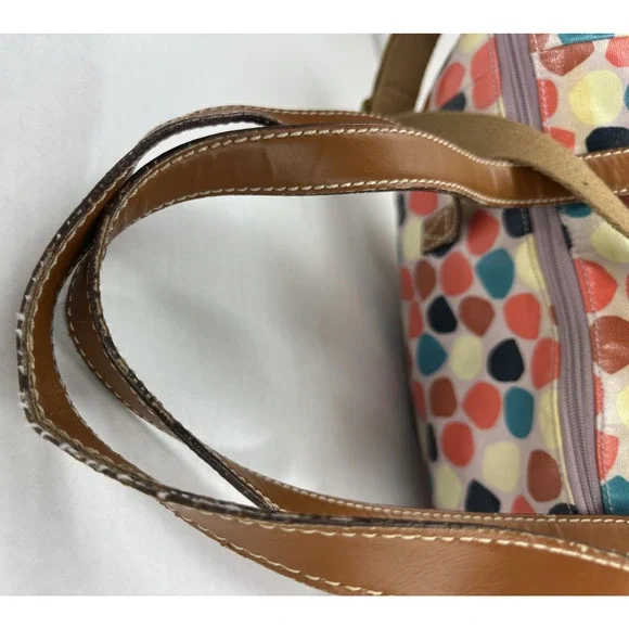 *Flawed Fossil Multicolor Geo Dot Print Coated Satchel Tote Bag Zip Top w/ Strap - Picture 11 of 16